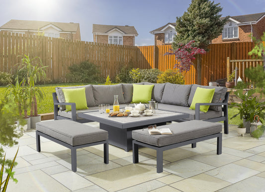 HEX Living - Tutbury Garden Furniture Sets- Dual Height Square Table with Corner Sofa and Two Large Benches