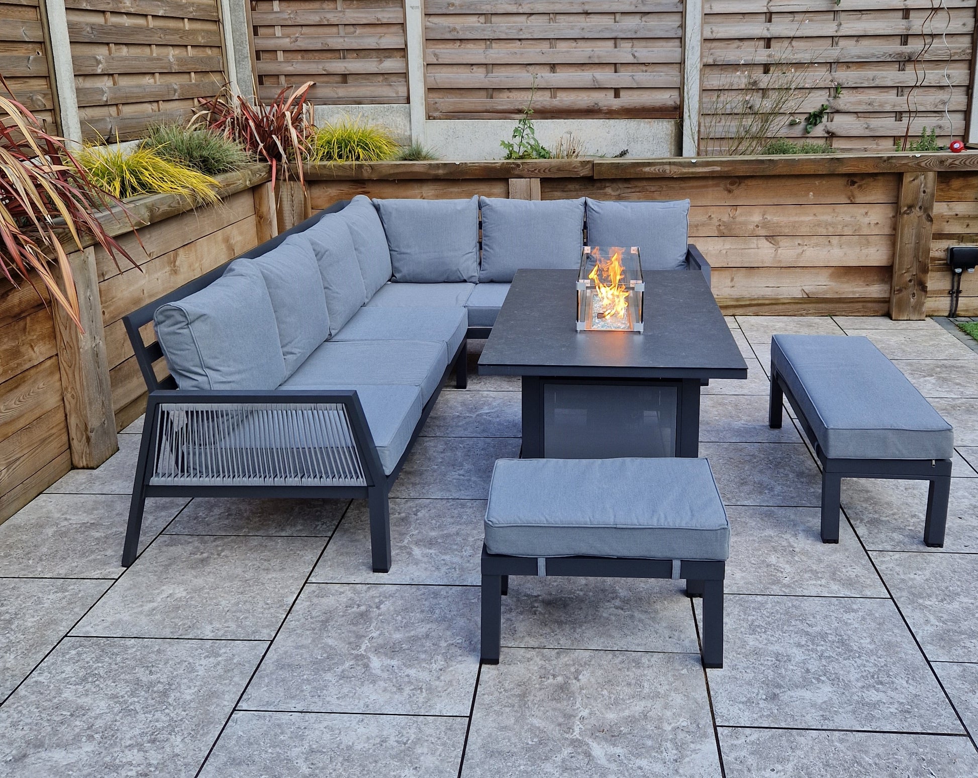 Signature Weave -Bettina   L Shape Garden Set with fire pit - Beyond outdoor living